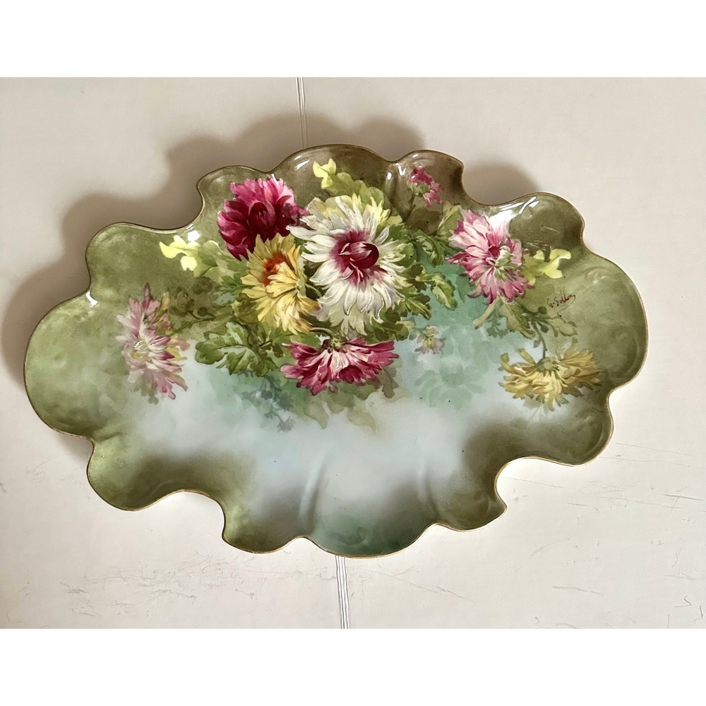 Victorian Hand Painted Limoges Dresser Tray Flowers Pink‎ Yellow Artist Signed